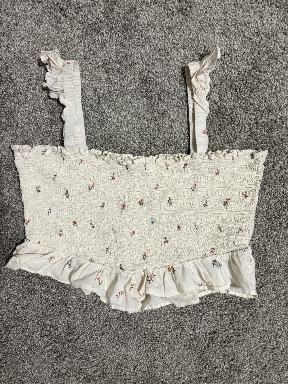 American Eagle Outfitters Cream Smocked Floral Ruffle Crop Top